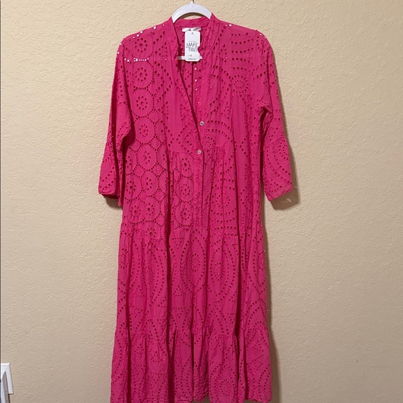 Vibrant Pink Eyelet Long Sleeve Dress - Picture 1 of 6